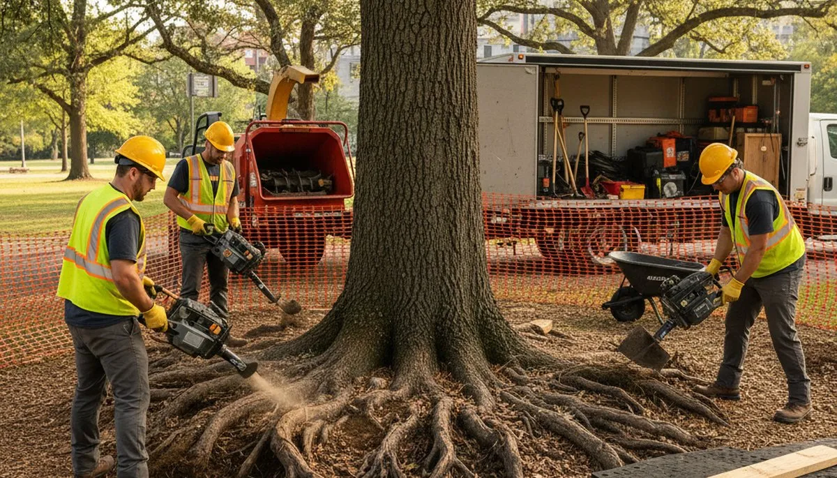 Tree service crew protecting roots in Redmond, WA for healthy trees and soil preservation