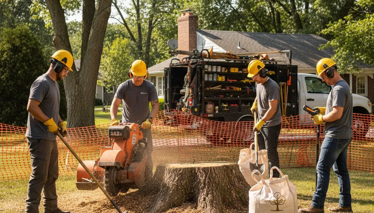 Stump removal crew in Redmond, WA clearing a stump from a lawn with professional equipment