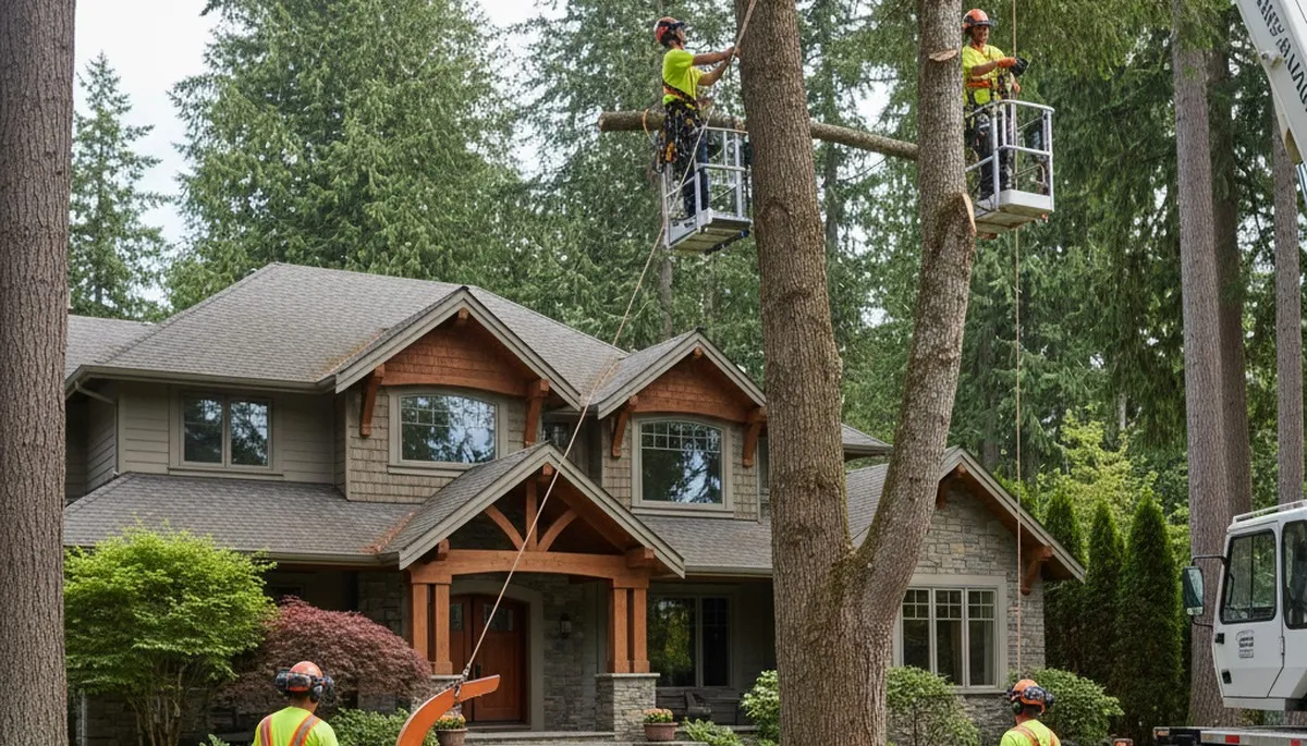 Tree service crew in Redmond, WA performing professional tree removal for a local business site