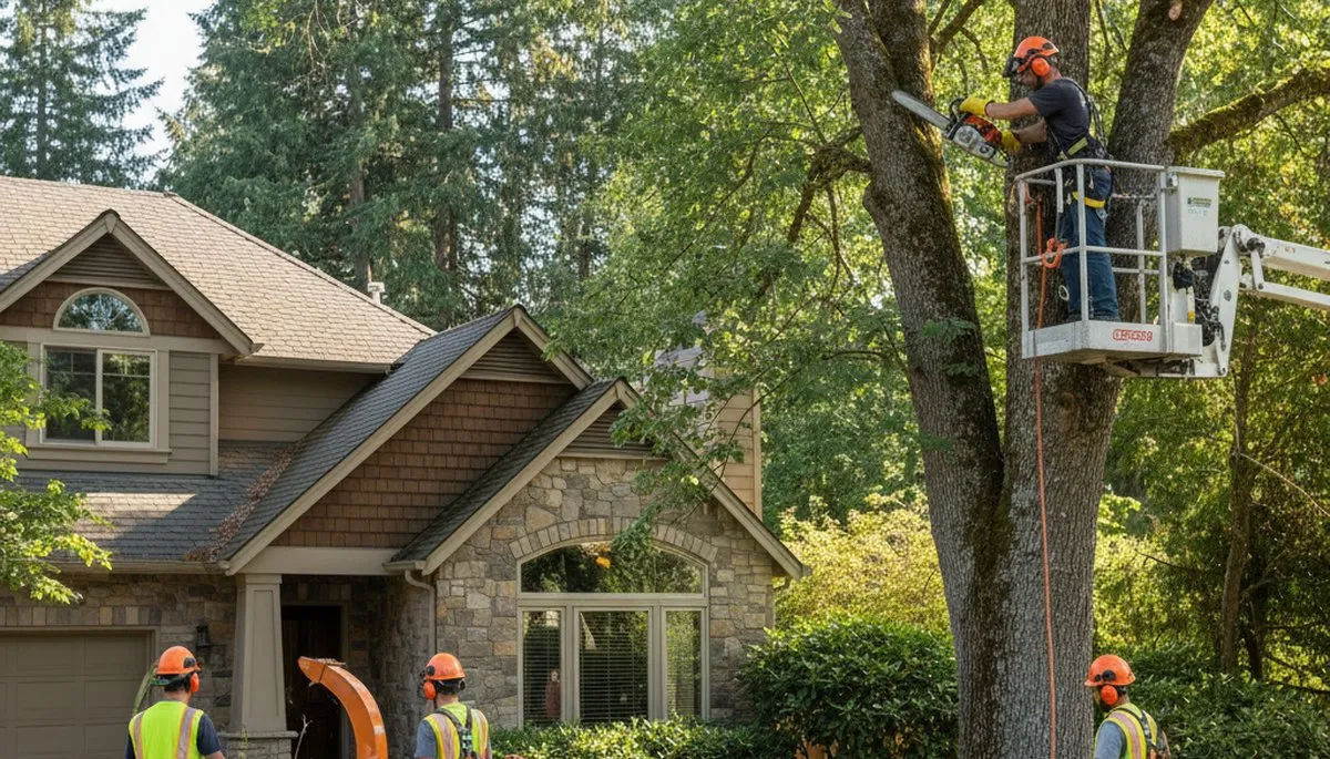 Tree service crew in Redmond, WA providing professional tree removal and trimming near residential property